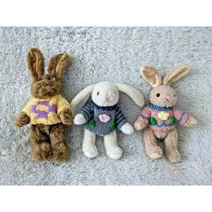 3 Vintage Chrisha Rabbit 9" Plush Sweater Easter Bunny Stuffed Animal 1988 RARE